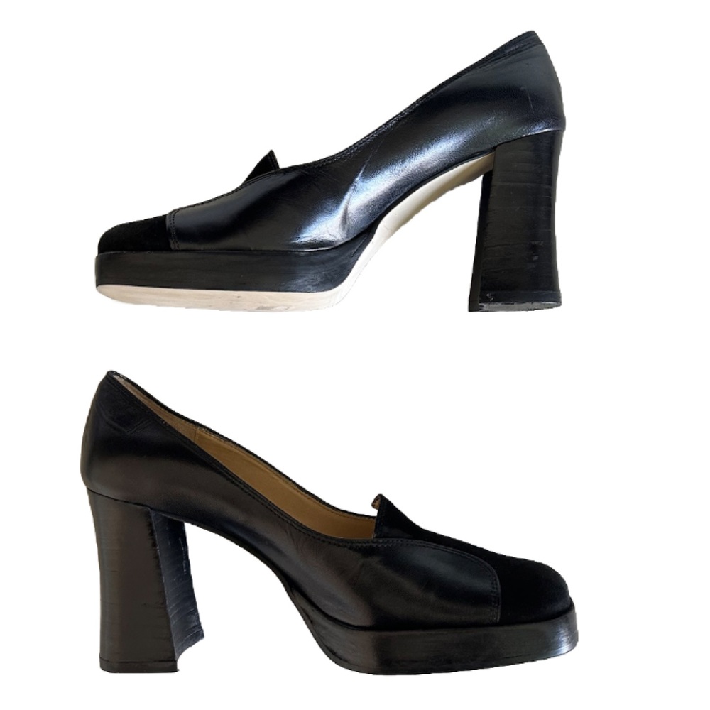 Y2K 90s Enzo Angiolini square toe suede leather black Platform Slip On 7 Retro - Picture 7 of 13